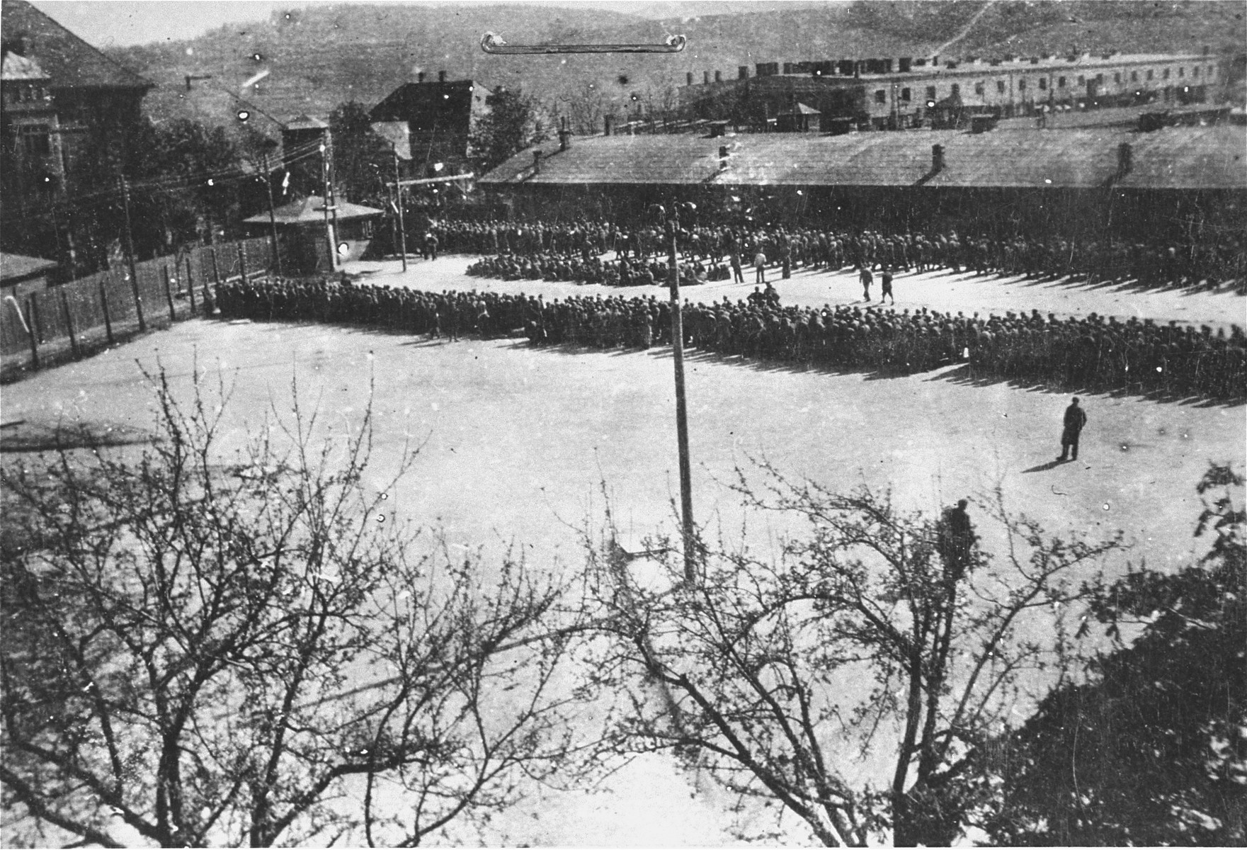 Newly arrived prisoners are assembled in the Appellplatz (roll call area) at Camp Melk, 1944-1945