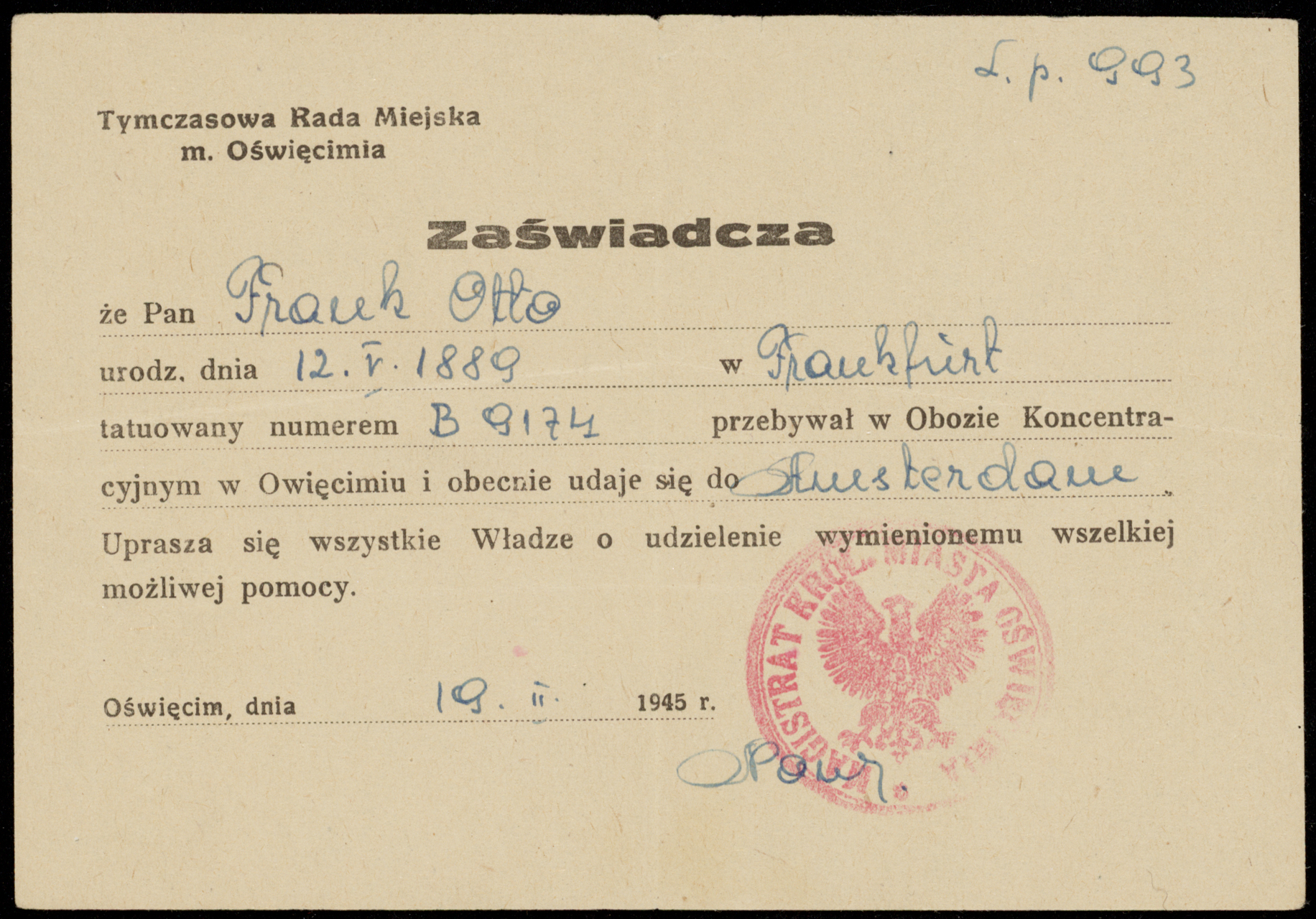 Otto’s Poolse document Gemeente Auschwitz