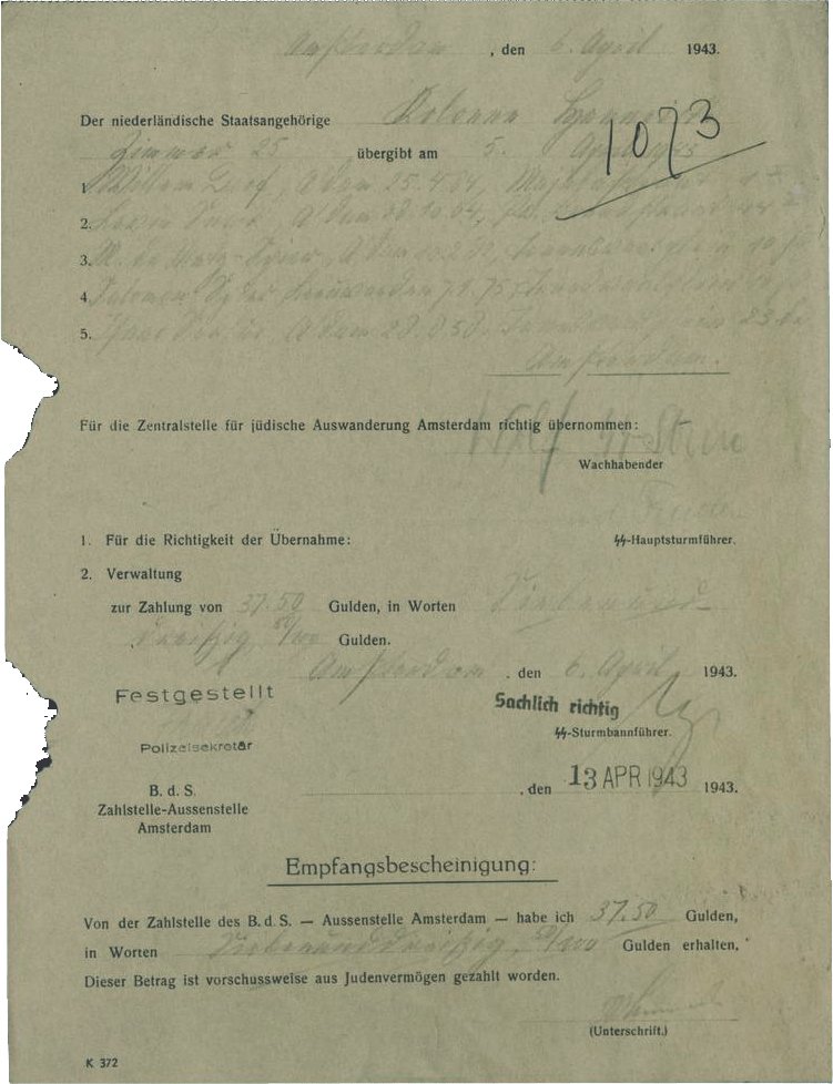 Quittung für die Denunziation von fünf Juden durch die „Kolonne Henneicke“ gegen Bezahlung von 37,50 Gulden am 6. April 1943 in Amsterdam. Vier der bei der SS denunzierten Menschen wurden am 16. April 1943 in Sobibor ermordet.