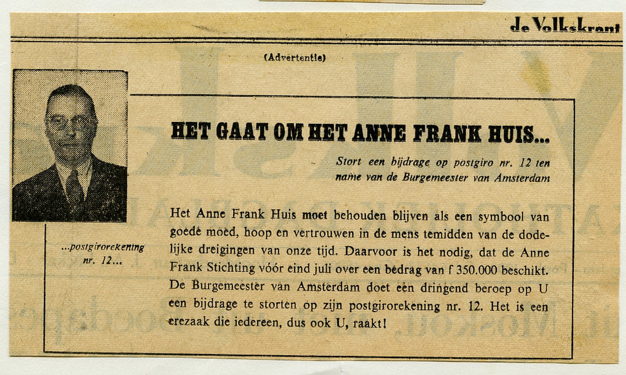 The appeal from Mayor Van Hall to donate money for the preservation of the Anne Frank Stichting
