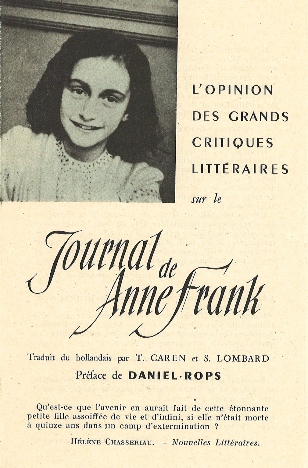 Brochure from 1951 in which French critics give their opinion of the diary of Anne Frank.
