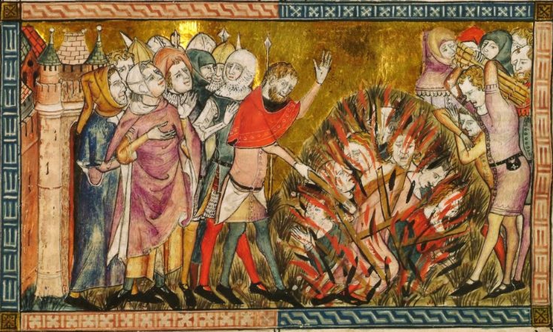 Illustratie van Jodenverbranding (ca. 1353). Joden kregen de schuld van de pestepidemie in Europa. Ze werden ervan beschuldigd waterbronnen te vergiftigen.