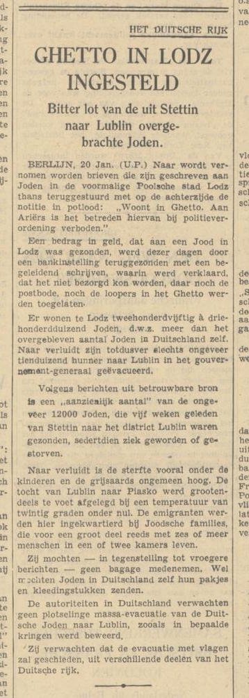 Artikel in der Zeitung Algemeen Handelsblad, in dem von der Errichtung des Gettos in Łódź (Polen) berichtet wird. Außerdem steht dort, dass viele der Juden, die im Februar 1940 aus Stettin (Deutschland) nach Lublin (Polen) deportiert wurden, krank oder verstorben seien. 21. März 1940.