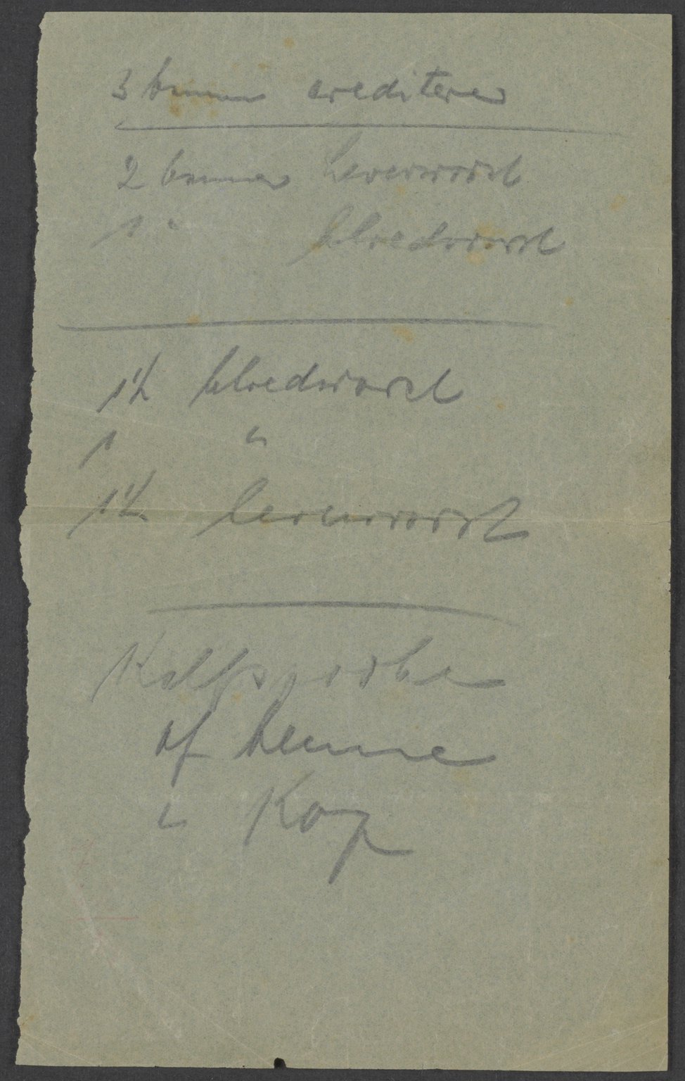Boodschappenbriefje voor de slager geschreven door Hermann van Pels. Miep Gies vond het na de oorlog in haar jaszak.