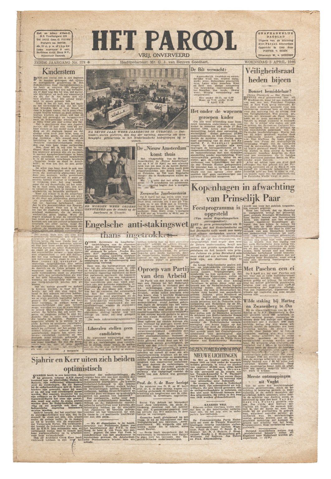 The article 'Kinderstem' (‘A child’s voice’) by Jan Romein on the front page of Amsterdam newspaper Het Parool, 3 April 1946.