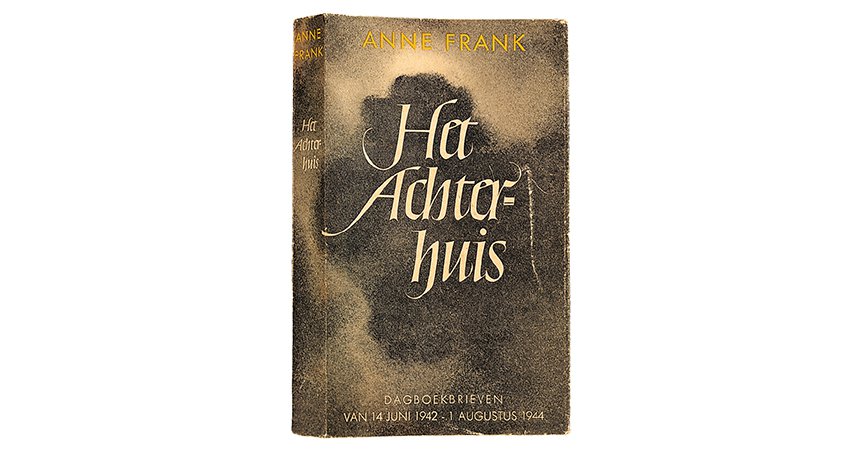 La primera edición de "El Diario de Ana Frank" de 1947. El diseño de la portada pertenece a Helmut Salden. Editorial: Contact