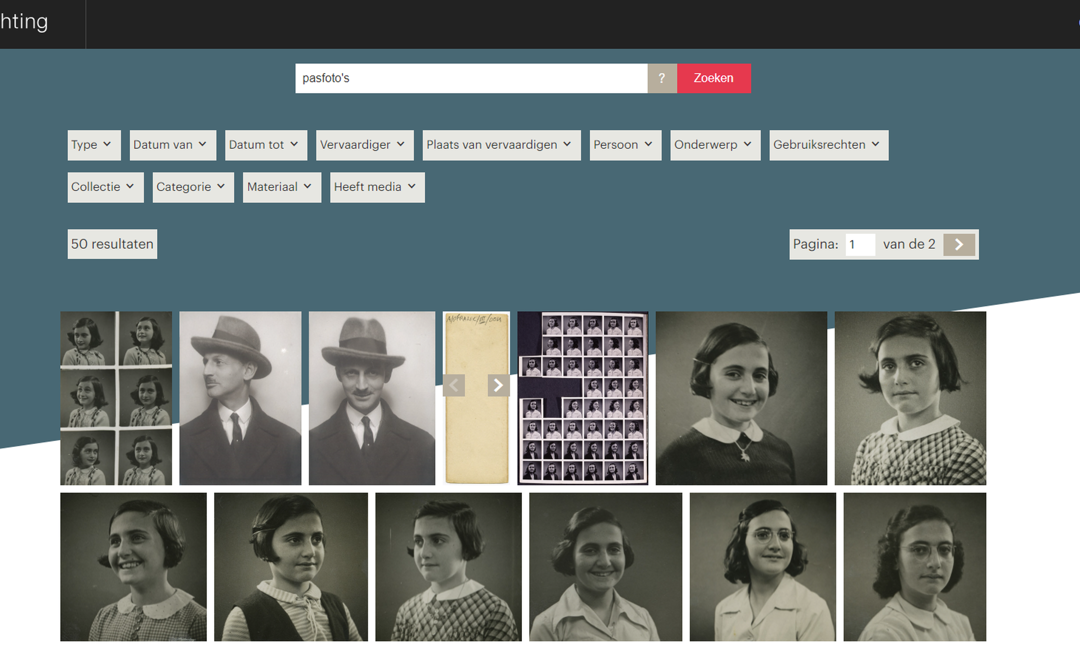 De zoekpagina van de Anne Frank Collectie-pagina