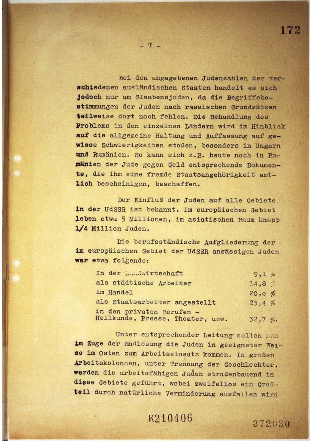 Page from the minutes of the Wannsee Conference. It says that Jews will be moved to the East under the guise of employment policies. Most of them are expected to die due to the hard work. The rest will be given ‘appropriate treatment’, i.e. be murdered.